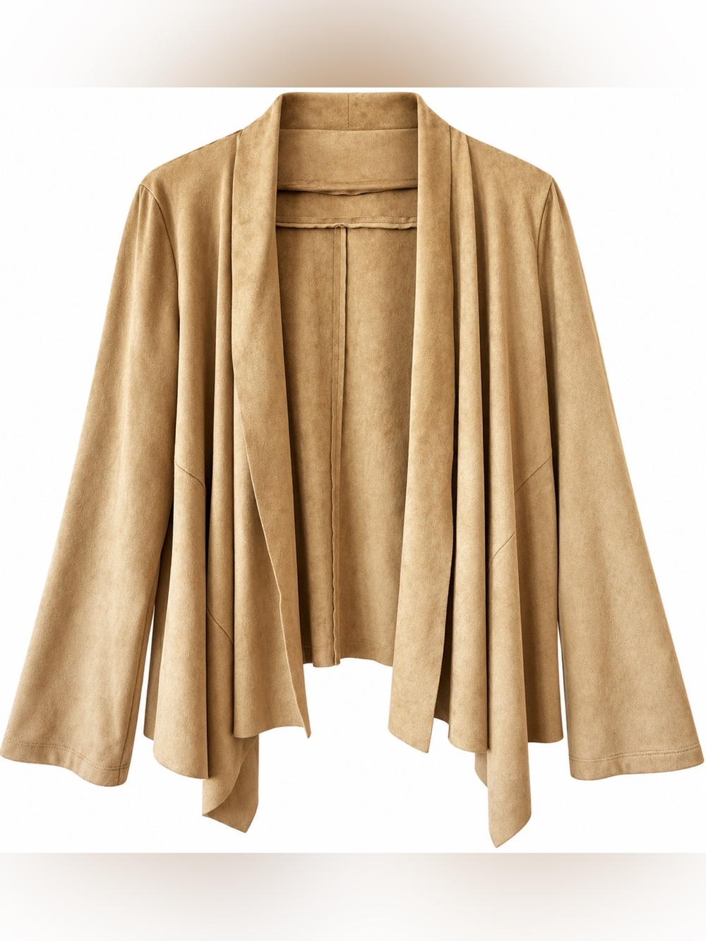 Bagatelle Camel Tan Faux Suede Draped Waterfall Open Front Jacket L Boho Fall